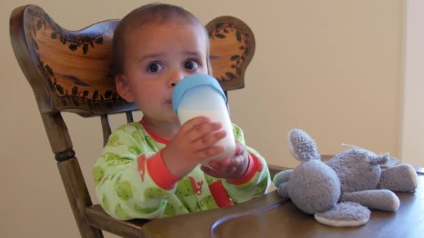 Χαριτωμένο μικρό παιδί τρώει πρωινό στο καρεκλάκι του — Αρχείο Βίντεο