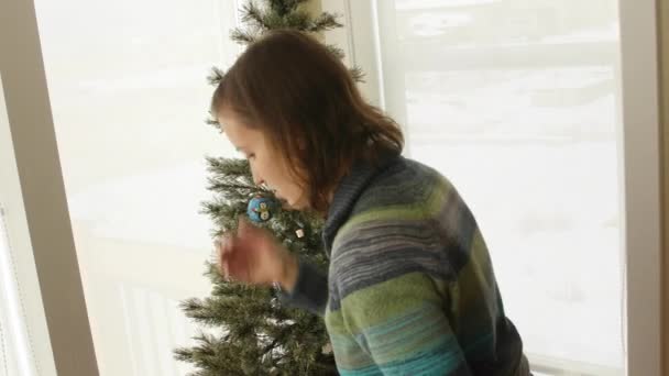 Familia estableciendo un pequeño árbol de navidad — Vídeo de stock