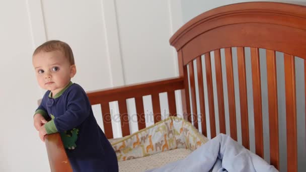 Baby boy in his crib in nursery — Stock Video