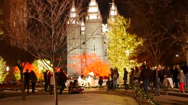 Семья Смотрит Рождественские Огни Храмовой Площади Солт Лейк Сити — стоковое видео