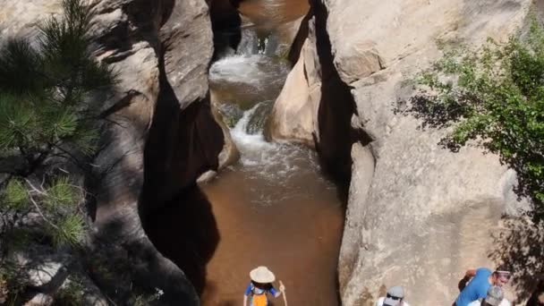 Семья, путешествующая по водопаду, проходящему через каньон — стоковое видео