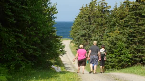 Familia caminando a través de árboles hacia la playa — Vídeos de Stock