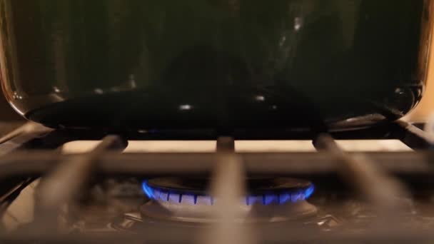 Casserole repose sur une flamme de brûleur à gaz — Video