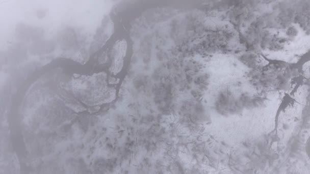 Río y árboles nevados girando en nubes — Vídeo de stock