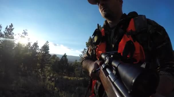 Jäger geht leise durch Wald — Stockvideo