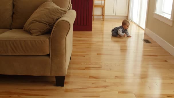 Bébé garçon scoots sur son derrière et joue avec ventilation — Video