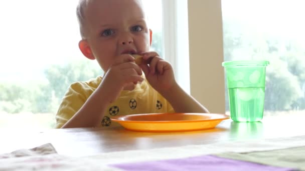 Kleine jongen eten brood — Stockvideo