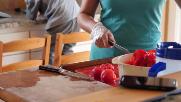 Jongen helpt zijn moeder Maak frisse salsa — Stockvideo