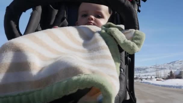 Madre empujando bebé en cochecito — Vídeos de Stock