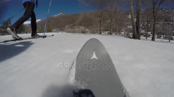 Mensen cross country skiën in de sneeuw — Stockvideo