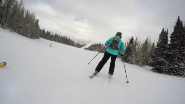 Mensen afdaling skiën in een bergresort ski — Stockvideo