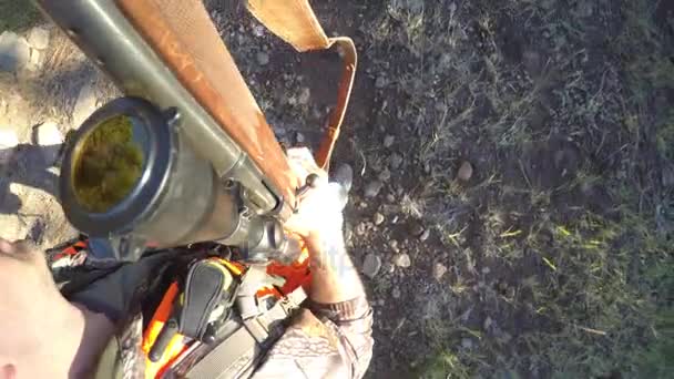 Hunter marche avec un fusil à épaulettes — Video