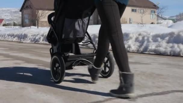 Madre caminando a su bebé en cochecito — Vídeo de stock