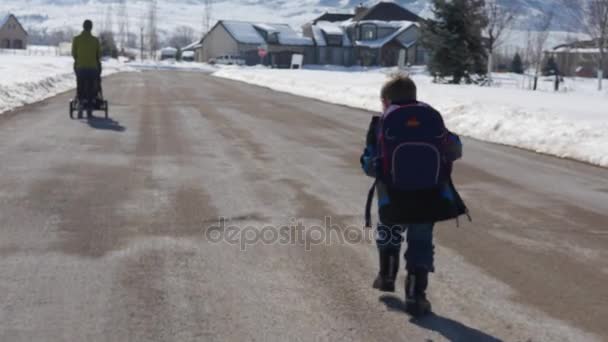 Mutter mit Kinderwagen geht mit Kind nach Hause — Stockvideo