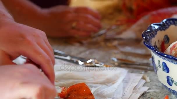 Семья обстреливает и готовит свежих омаров — стоковое видео