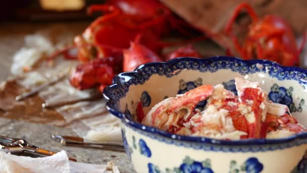 Uma família conchas e prepara lagostas frescas — Vídeo de Stock