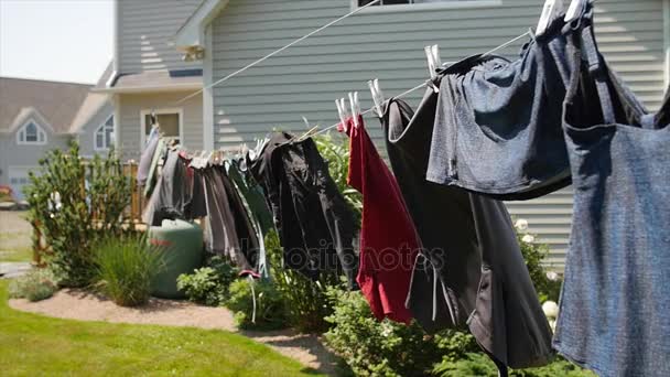 Asciugatura di vestiti su una linea che soffia in un vento — Video Stock