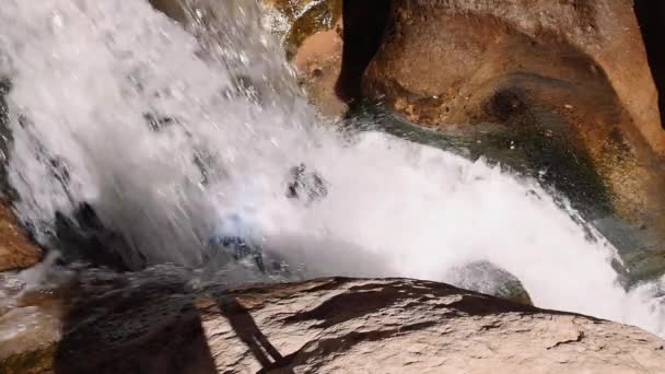 Man spelar i ett vattenfall canyon — Stockvideo
