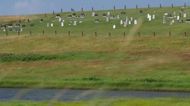 Gras im Wind und kleiner Friedhof — Stockvideo