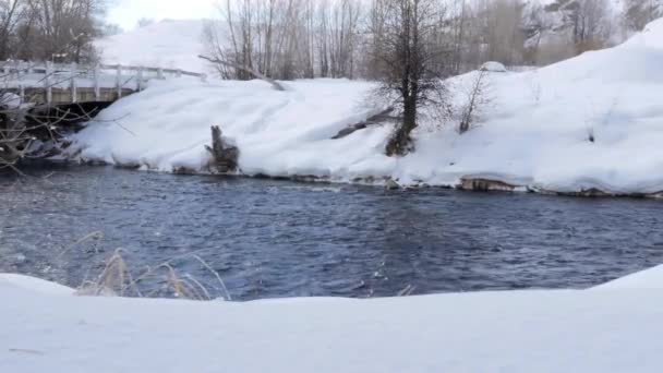 Verschneite Winterlandschaft mit Brücke und Fluss — Stockvideo