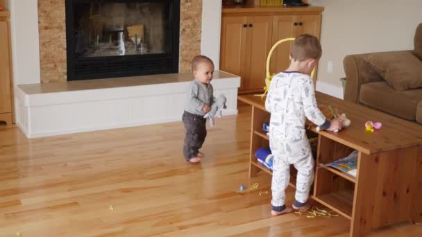 Jongens op zoek naar paaseieren in huis — Stockvideo