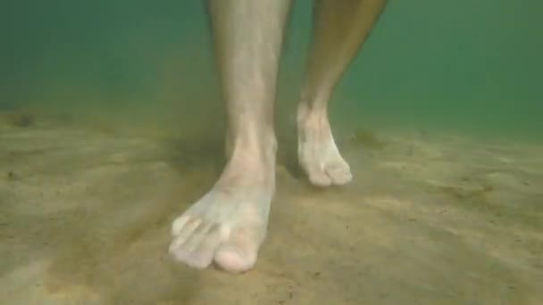 Ноги, идущие в океан пляж — стоковое видео