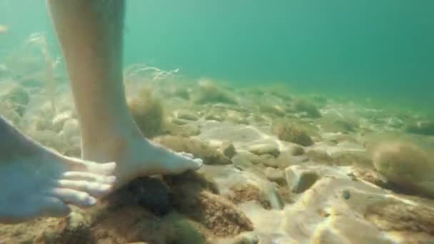 Homme pieds marchant dans une plage océanique — Video