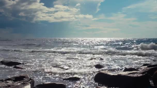 Vågorna krasch på vackra rocky havet — Stockvideo