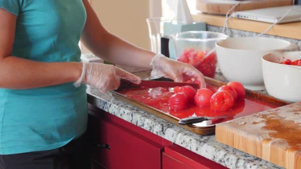 Mulher chops tomates para salsa fresca — Vídeo de Stock