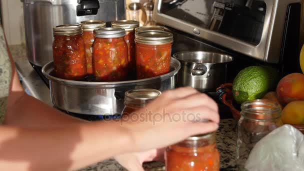 Woman preserving homemade peach salsa — Stock Video
