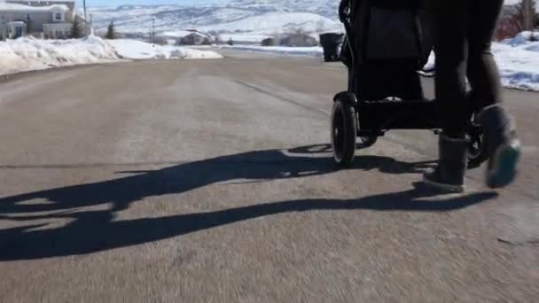 Жінка ходить своїм маленьким хлопчиком у колясці — стокове відео