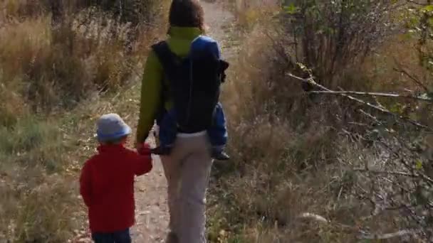 Vrouw met jongens wandelen op de trail door rivier — Stockvideo