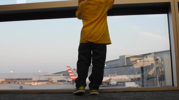 Junge schaut sich Flugzeuge am Flughafen an — Stockvideo