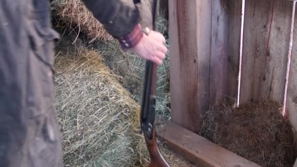 Un vaquero coloca un rifle contra la pared del granero — Vídeos de Stock
