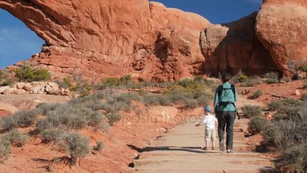 Wandelaars lopen in het arches national park — Stockvideo