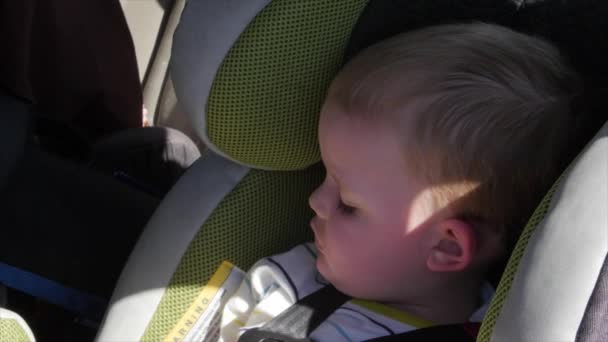 A little boy asleep in a car seat — Stock Video