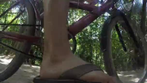 Hombre montando bicicleta en un camino de tierra — Vídeo de stock