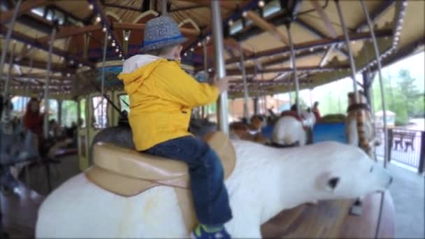 Een peuter paardrijden carrousel in de dierentuin — Stockvideo