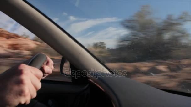 Mężczyzna jadący samochodem przez park narodowy — Wideo stockowe