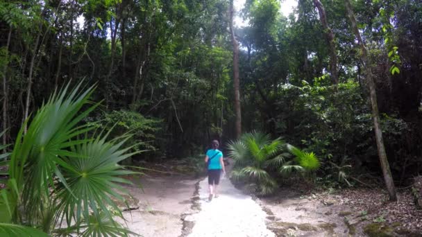 Una mujer camina a través de un bosque selvático en camino — Vídeo de stock