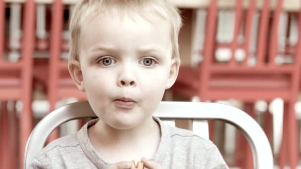 A young boy eating fast food — Stock Video