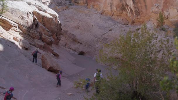 Семейный поход в глубокий пустынный каньон — стоковое видео