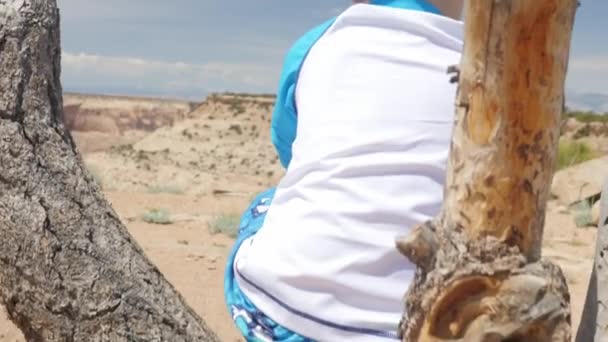 Boy plays in old dead tree — Stock Video