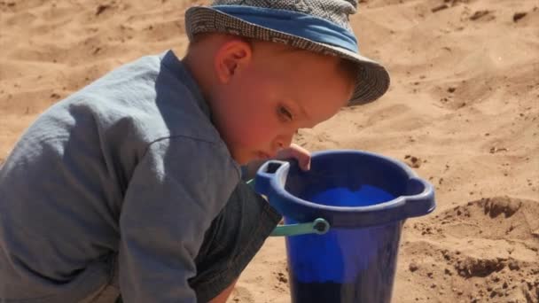 Мальчик наполняет ведро песком на пляже — стоковое видео