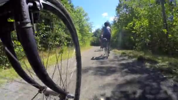 Familjen ridning cyklar genom skogen — Stockvideo