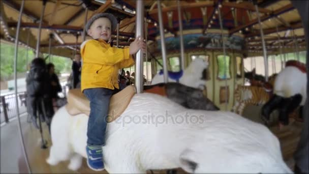 Дети катаются на карусели в зоопарке — стоковое видео