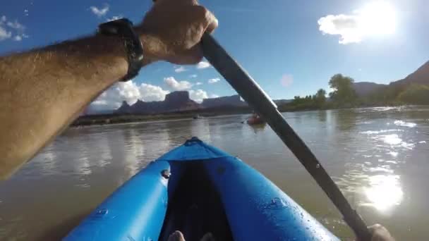 Мужчины на байдарках и плотах на реке Колорадо — стоковое видео
