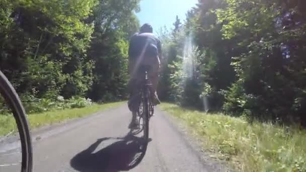 Menschen fahren mit dem Fahrrad durch den Wald — Stockvideo