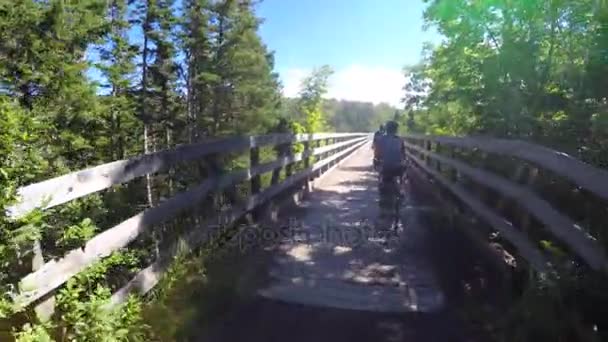 Mensen rijden hun fietsen over een houten brug — Stockvideo