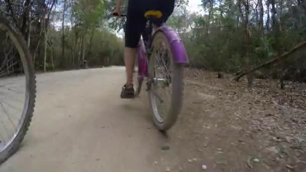 Пара їде на велосипеді через джунглі на руїнах майя — стокове відео